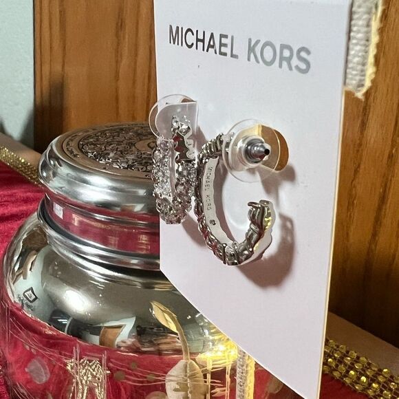 NWT Michael Kors Silver Hoop With Crystal Stations Earrings #TSER - Picture 3 of 8